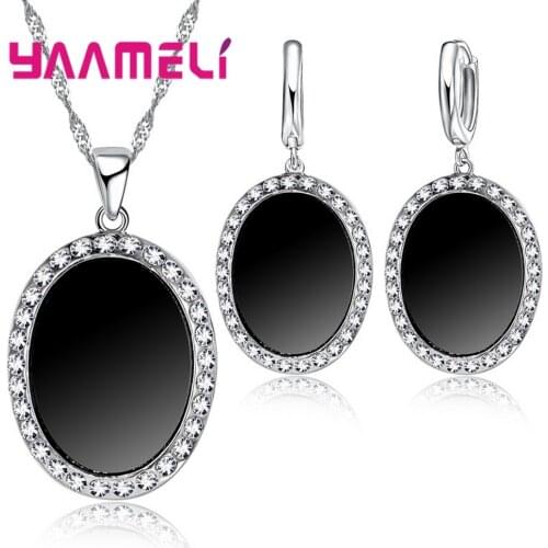 925 Sterling Silver Earrings Pendant Necklace Jewelry Sets Oval Shape Dark Black Wedding Anniversary For Women Lady