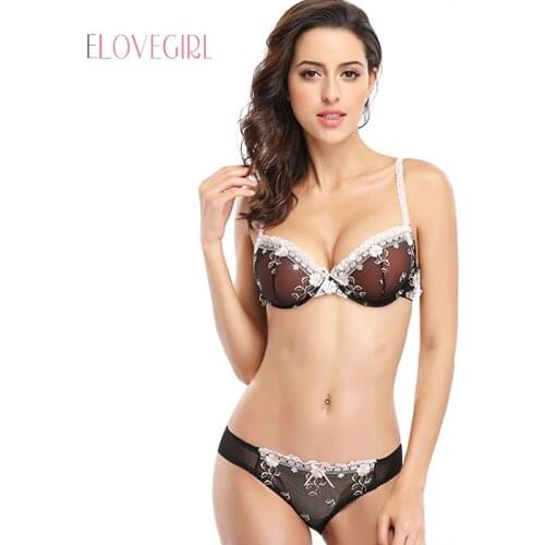 Womens Bras Sets Gather Floral Sheer Brassiere Underwear Set Ultra-Thin Underpants Sexy Lingerie BH Tops Panties Briefs