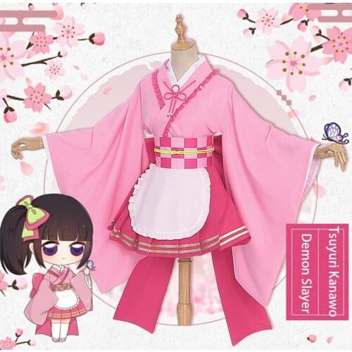 New Anime Demon Slayer Kimetsu No Yaiba Cosplay Costume Tsuyuri Kanawo Lovely Maid Kimono Cute Pleated Skirt Women Clothes Wigs