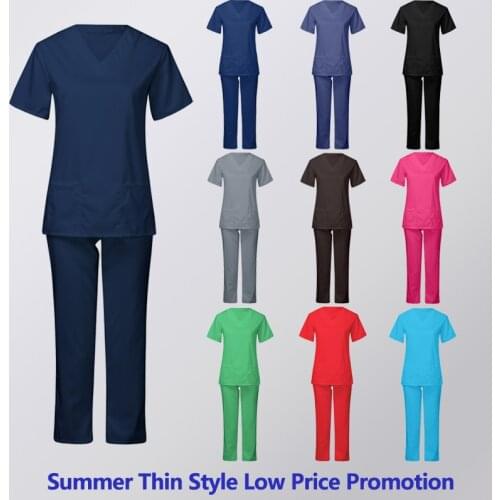 ANNO Solid Color Scrubs Set Work Cloths with Short Sleeves Nursing Uniform Tops Trousers Cheap Nurse Suit Hospital Dress