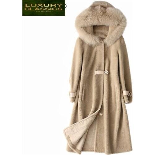 Jacket Women Real Winter Sheep Shearing Fur Coat Female Long Warm Parka Real Fox Fur Collar Hooded Spring Clothes LWL1372
