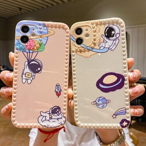 Cartoon Spaceship Astronauts Case For iPhone 12 11 Pro 12Mini X XS Max XR 8 7 6 Plus SE 2020 Square Phone Cover Shell Fundas Cap