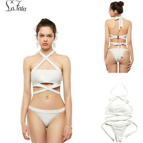 Strap Cross Halter Design White Bikini