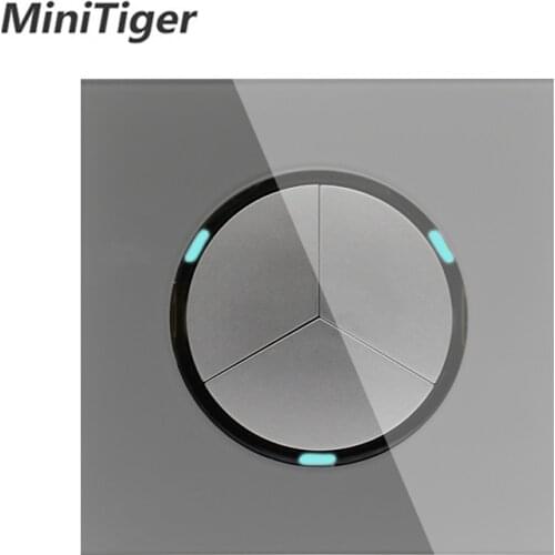 Minitiger New Arrival Crystal Glass Panel 3 Gang 1 Way Gray Random Click On / Off Wall Light Switch With LED Indicator