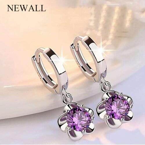 2020 Fashion Type Purple Flower Crystal Pendant Earring Women Exquisite Jewelry Silver Plated CZ Flower Drop Earrings Simple