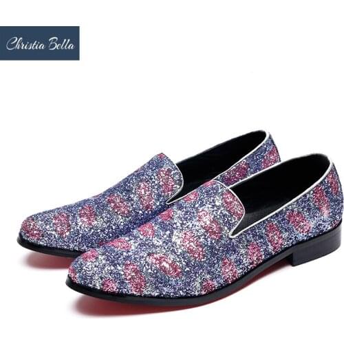 Christia Bella Sparkling Sequins Party Men Loafers Fashion Wedding Prom Dress Shoes Slip On Leather Shoes Club Smoking Slippers