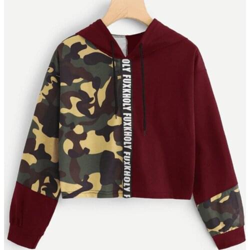 Neatie kiddie Camouflage Patchwork Letter Pullovers Sweatshirt Women Tops Clothes Loose Casual Harajuku Crop Hoodies