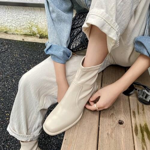 2021 New Women Shoes Stretch Slip-on Women Boots Winter Med heel Ankle Boots for Women Genuine Leather Womens Chunky Boots