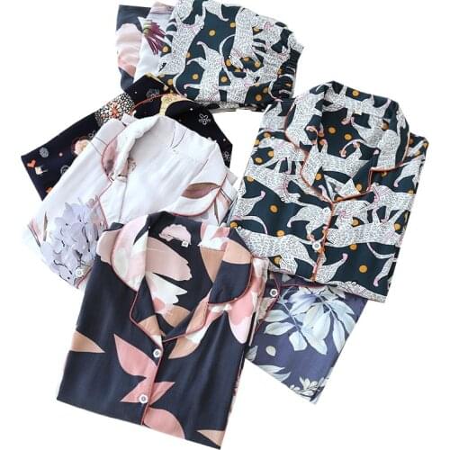 Spring Autumn New Womens Soft Loose Thin Top+Pants 2Pcs Homeware Large Size Comfort Pajamas Set Floral Animals Printed Sleepwear