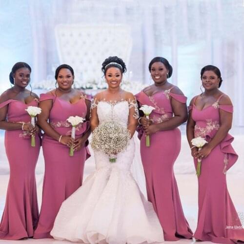 YiMinpwp South African Mermaid Bridesmaid Dresses Spaghetti Backless Sweep Train Ruffles Appliques Wedding Guest Party Gowns