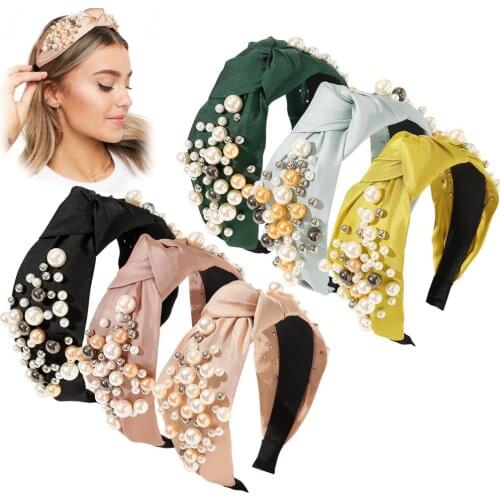 New Hot Sale Pearl Headband Baroque Knot Hairband Wide Cross Plain Color Pearl Beads Headbands for Women Hair Accessories