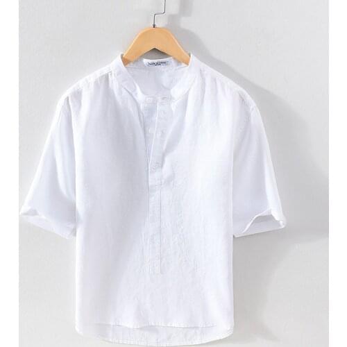 100% Pure Linen Pullover Short Sleeve Shirt for Men Summer New Casual Tops Male Stand Collar Solid White Daily Clothes
