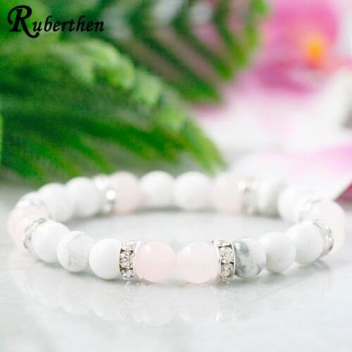 Ruberthen 8 mm Rose Quart z White Howlite Bracelet Womens Mala Yoga Energy Bracelet Spiritual Healing Crystals Jewelry