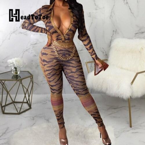 Tiger Print Button Sexy Club Bodysuits Two Pieces Set Full Sleeve Turn Down Collar Skinny Two Piece Outfits Woman