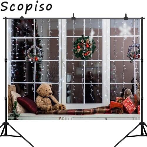 Scopiso Christmas Window Teddy Bear Light Bulb Wreath Photography Backgrounds Customized Photographic Backdrops for Photo Studio