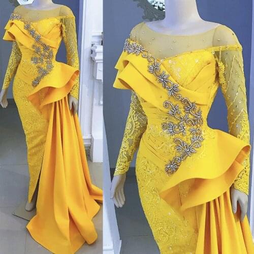 SuperKimJo African Evening Dresses Long Mermaid Lace Applique Beaded Luxury Yellow Evening Gown Formal Dress Robe De Soiree