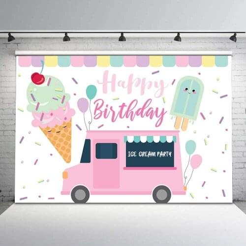Ice Cream Birthday Party Backdrop Truck Balloons Bckground Vinyl Sprinkles Shoppe Birthday Backdrops Cake Table Decorations