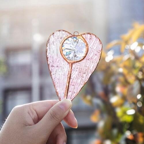 H&D Handcrafted Stained Glass Pink Heart Suncatcher Rainbow Window Wall Art Hanging Pendant Ornament Home Garden Decor XMAS Gift