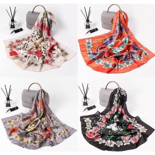 Yishine Whalesale 20pc Mix Colors Multifunction Flowers Printed Womens Satin Square Wraps Scarves Shawl Polyester Silk Scarf