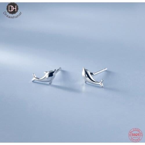 Dreamhonor Solid 925 Sterling Silver Lovely Glossy Dolphin Stud Earrings Ocean Jewelry Wholesale