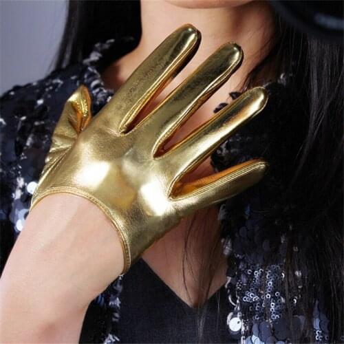 Patent Leather Women Ultra Short Gloves 13cm Super Bright Mirror Bright Gold Elastic PU Simulation Leather Gloves JS13