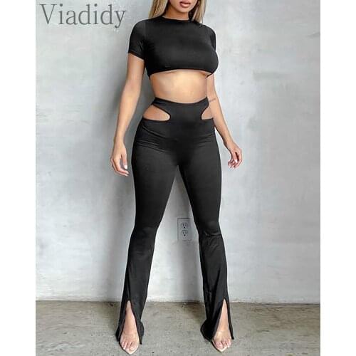 Women Solid Color Short Sleeve Crop Top & Hollow Leg Cuff Slit Pants 2 Piece Set