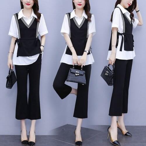 Lady Office OL Suit Short Sleeve Lace-up Patchwork Shirt Cropped Trousers Summer Women Fashion Plus Size 2 Piece Clothes Set