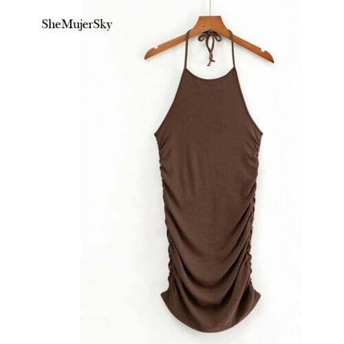 SheMujerSky Women Halter Ruched Black Dress Summer Backless Elastic Slim Mini Dresses 2021 Solid Color Dress jurken