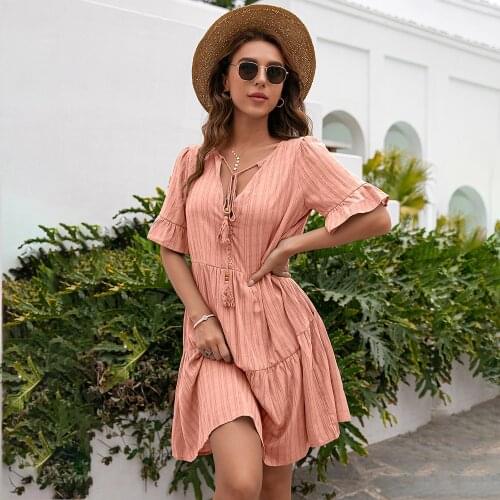 2021 Summer Fashion Womens Sexy V-neck Lace Up Half Sleeve Knee-length Dresses Casual Solid Button Ruffle Beach Loose Dresses