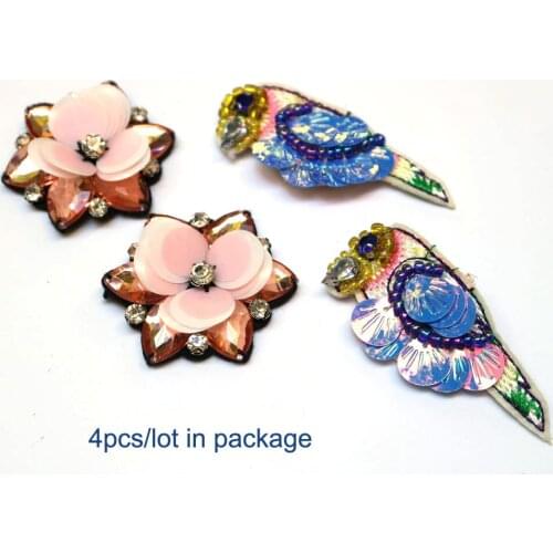 4pcs/lot 3D Handmade Rhinestone Patches for Clothing Bird flower appliques for jacket Sew on badge clothing decoration