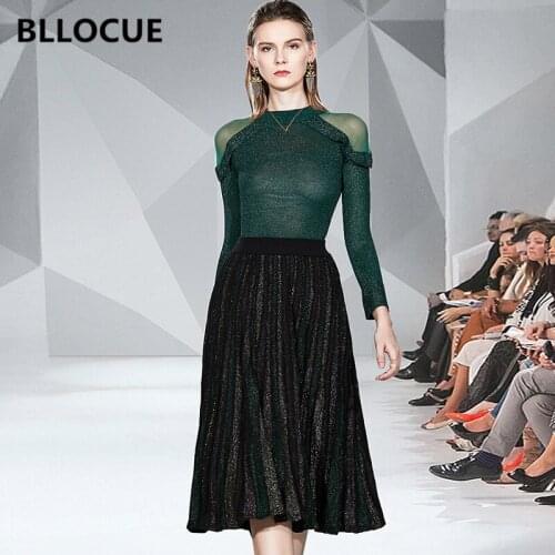 BLLOCUE New 2020 Spring Women 2 Piece Set Fashion Mesh Splice Bright Silk Pullover Sweater+Multicolor Striped Pleated Skirt Suit