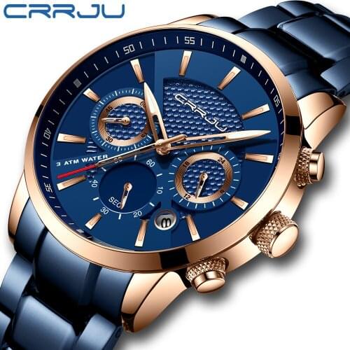 CRRJU Steel Belt Watch Men Sport Military High-end Fashion Unique Three Dial Waterproof Quartz Relogio Masculino