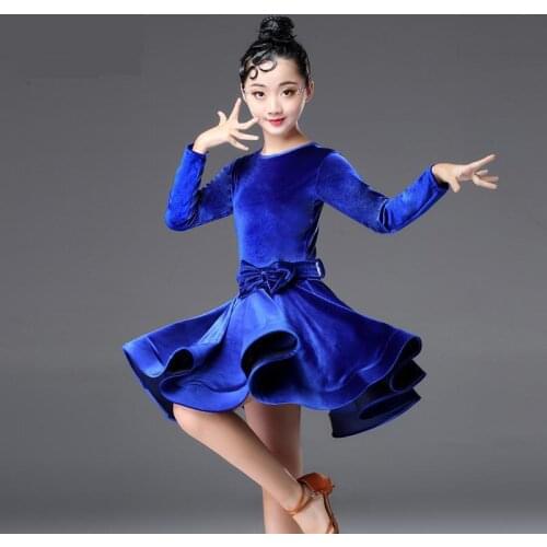 Latin Dance Costume For Girls Velvet Long-sleeved New Design Waistband Childrens Practice Competion Dance Dress Teens 120-170