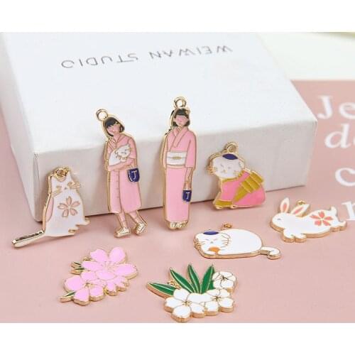 MRHUANG 10pcs/pack Girl Cat Rabbit Flower Enamel Charms DIY Bracelet Necklace Jewelry Accessory DIY Craft JAPAN