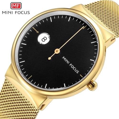 MINI FOCUS Mens Simple Business Quartz Watches Mesh Strap 3 Bar Waterproof Sports Wristwatch Man Relogios Masculino 0182G White