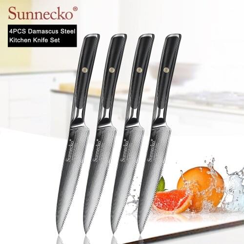 SUNNECKO 4pcs 5 inch Steak Knife Set Damascus Japanese VG10 Core Steel Blade Kitchen Knives G10 Handle Table Dinner Knife Sets