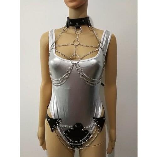 New Arrival B759 Women Leather Harness Silver Slave Bra Body Chains Sexy Leather Underwear Chains Jewelry Silver Color