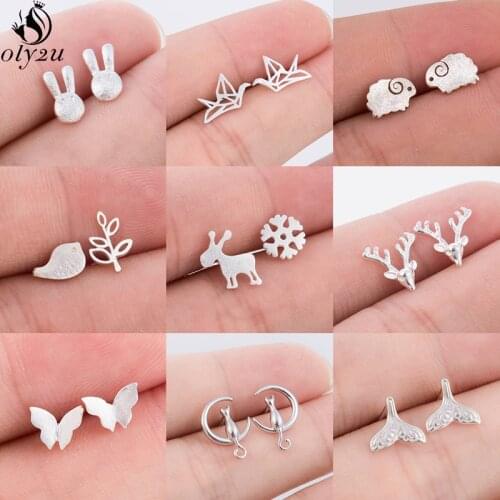 New Small Animal Earrings Women Fashion Jewelry Silver Color Rabbit Deer Birds Ear Studs Snowflake Christmas Earing Brincos