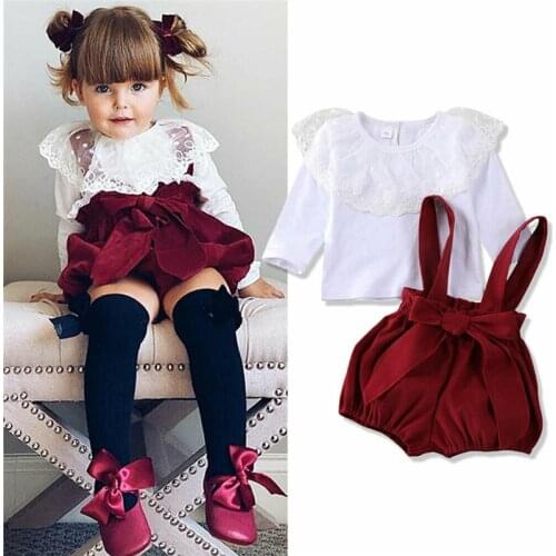 Newborn Baby Girl Clothes Infant Baby Girl Sets Lace Ruffle Top+Suspenders Shorts Baby Girl Outfits Ensemble Bebes Fille