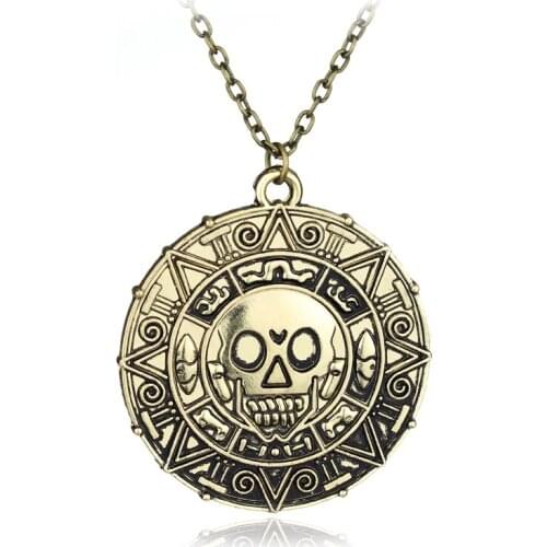 Hot Pirates Of The Caribbean Necklace Jack Sparrow Aztec Coin Medallion Vintage Gold Bronze Silve Pendant Wholesale