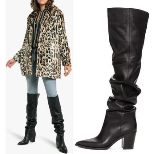 Hot Woman Genuine Leather Black Brown Smooth Pleated Tube Over The Knee Boots Fashion Lady Pointed Toe Thigh High Knight Boots