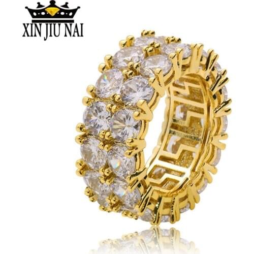 Hip Hop CZ Stone 2 Row Rock Luxury Ring Men Women Punk 18 K Gold Silver Finger Rings Anel Wedding Rings Fashion Jewelry Party