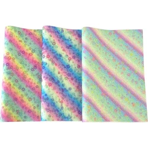 135x30cm Rainbow Pastel Color Star Printed Fine Glitter PU Leatherette Fabric Roll for Making Hair Accessories Craft Decoration