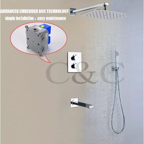 Wall Mounted Thermostatic Shower Faucet Set UFO Ultra-thin Air Drop Rain Shower Head With Embedded Box 002T-30X20TA-2S