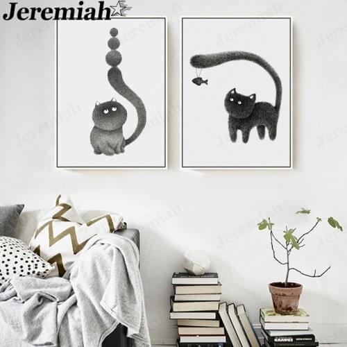 Modern Gray Animal Canvas Painting Cute Black Cat Picture Print Wall Art Kindergarten Children Room Decoration