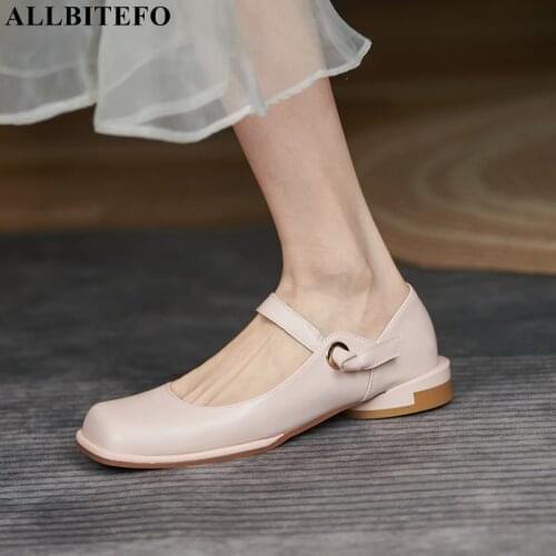 ALLBITEFO Square Toe Soft Genuine Leather Women Heels Shoes Spring Fashion Leisure Girls Comfortable Low Heel Walking Shoes