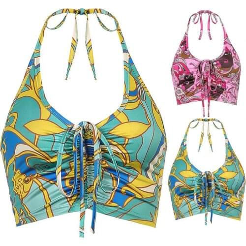 Halter Shirring Crop Top Tight Backless Print Lace Up Women Top Club Wear Camisole Cocktail Party Skin-friendly U-neck Summer