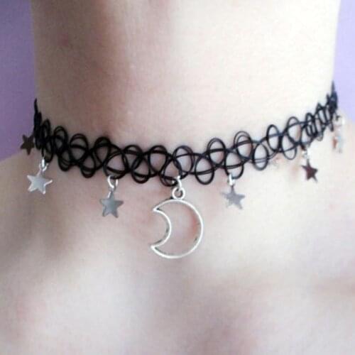 Gothic Star Moon Mesh Elastic Wrap Necklace for Women Black Short Choker Chains Fashion Jewelry Party Gift Wholesale VGN043