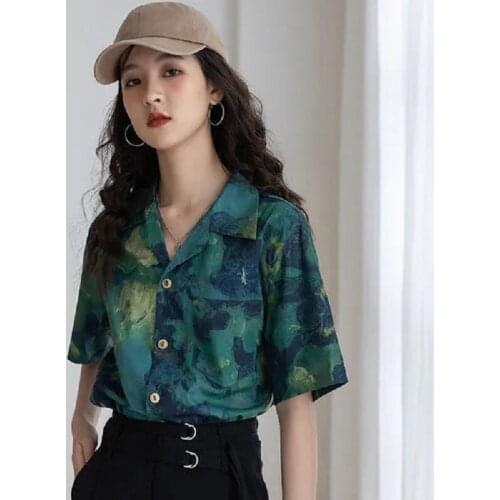 Y2K Street Style Tie dye Printing Women Shirt Loose Shirt Short Sleeve Button Up Womens Blouses 2021 Summer Female Clothing Tops