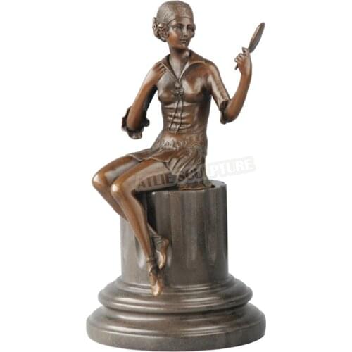 Woman looking in the Mirror Bronze Sculpture Modern Female Statue Art Marble Base High-end Home Ornament
